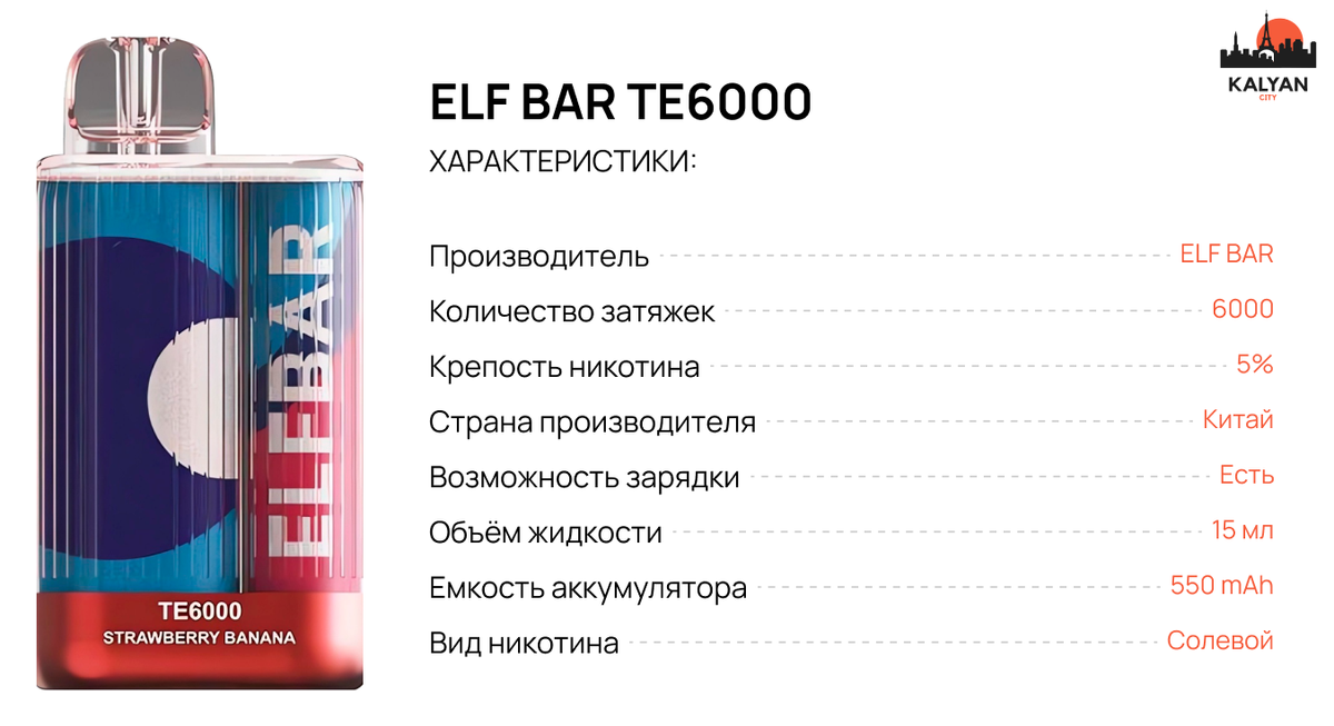 Одноразка Эльф Бар на 6000 тяг Характеристики