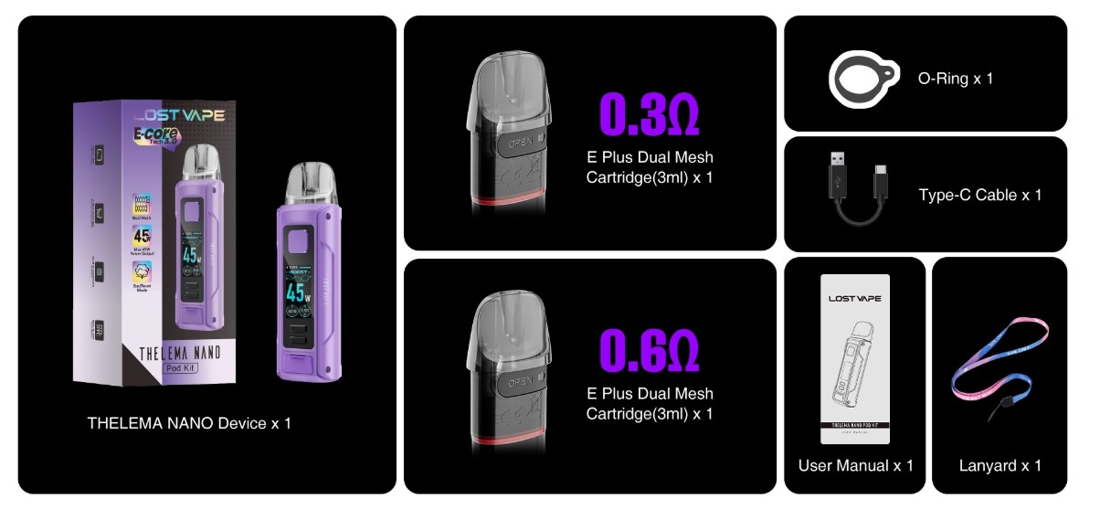 Комплектація девайса Lost Vape Thelema Nanoe